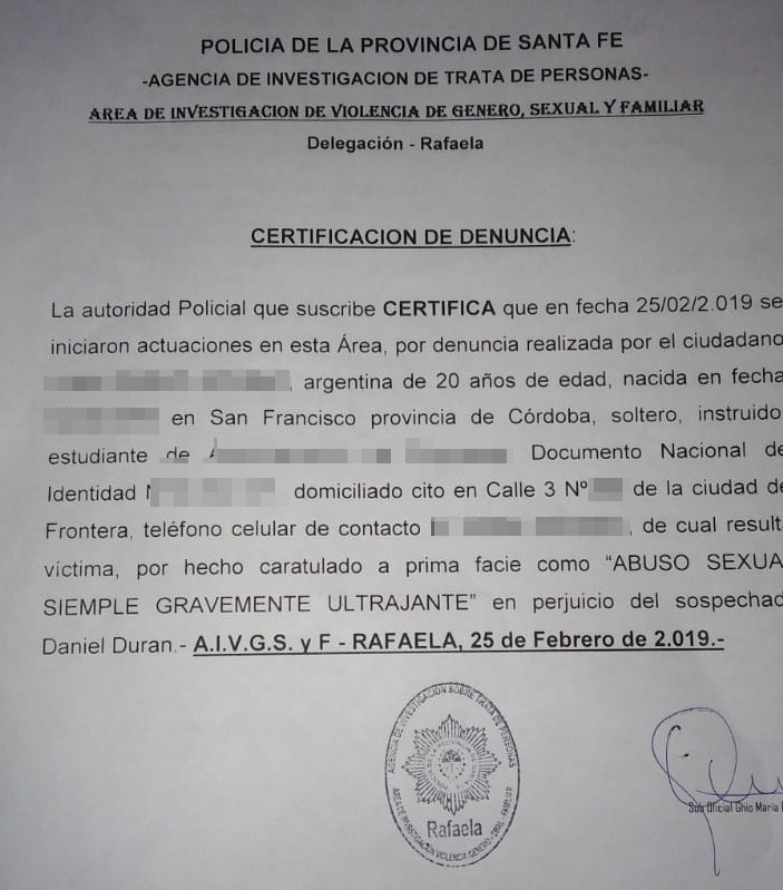Denuncia abuso sexual contra Daniel Durán
