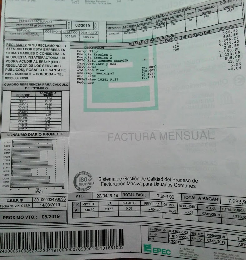 Factura epec vecina barrio parque